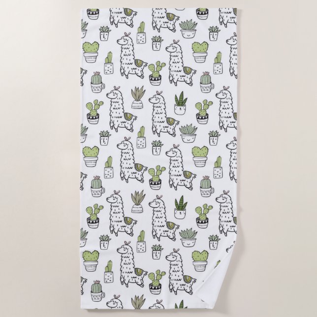 Cute Alpaca & Cactus Pattern Beach Towel (Front)