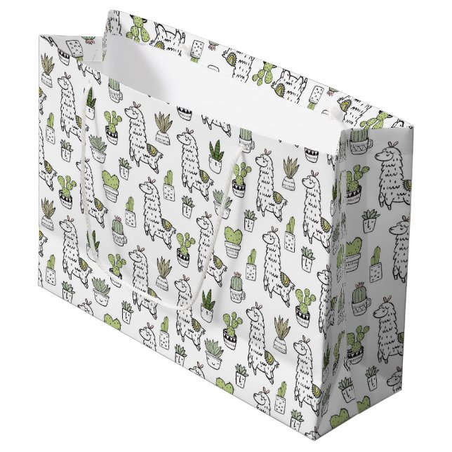 Cute Alpaca & Cactus Pattern Large Gift Bag (Front Angled)