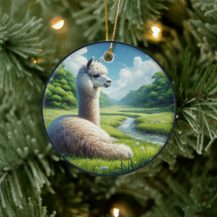 Cute Alpaca in a Meadow Ceramic Tree Decoration