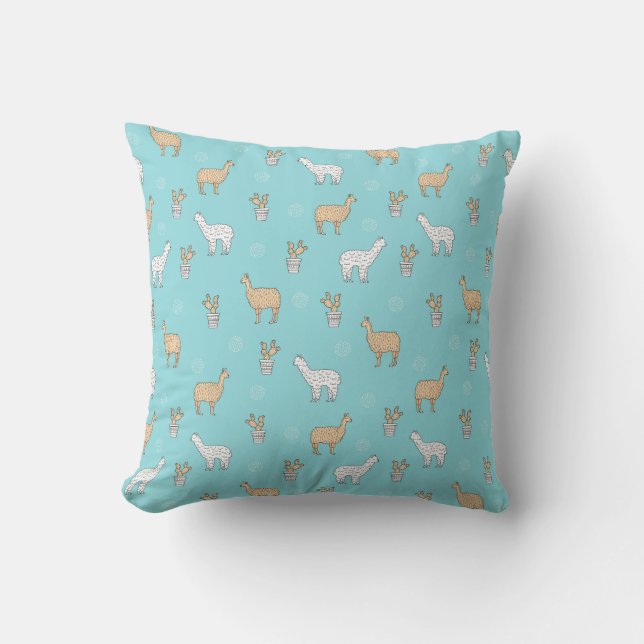 Cute Alpaca Llama Cactus Pattern Cushion (Front)