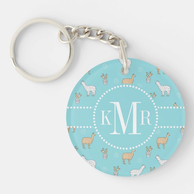 Cute Alpaca Llama Cactus Pattern Key Ring (Front)