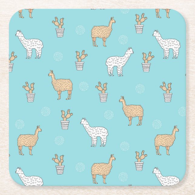 Cute Alpaca Llama Cactus Pattern Square Paper Coaster (Front)