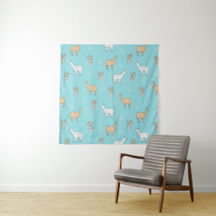 Cute Alpaca Llama Cactus Pattern Tapestry