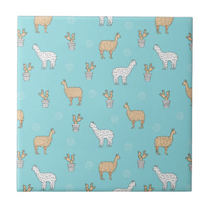 Cute Alpaca Llama Cactus Pattern Tile