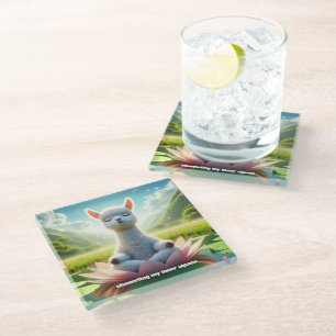 Cute Alpaca Meditating on Lotus Pad in Lake Glass Coaster