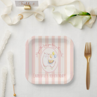Cute Alpaca with Balloon Blush Pink Kids Birthday Paper Plate