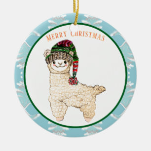 Cute alpaca with festive hat ceramic tree decoration