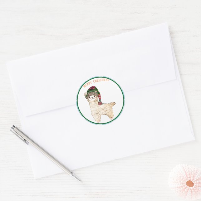 Cute alpaca with festive hat  classic round sticker (Envelope)
