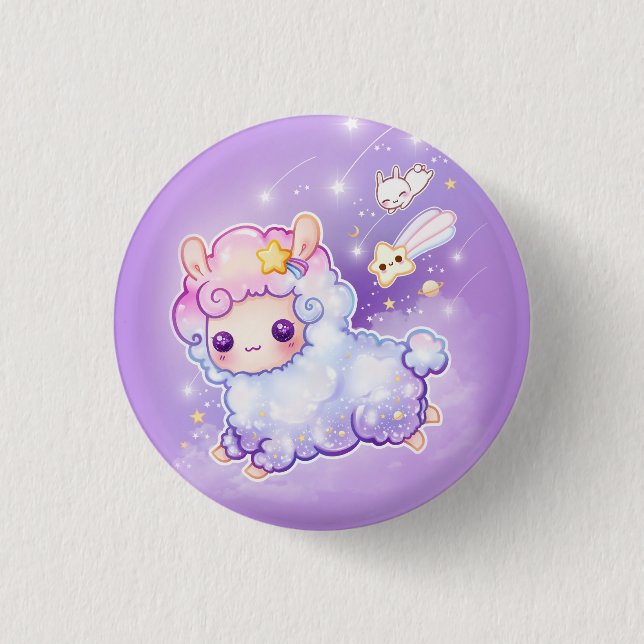 Cute alpaca with kawaii shooting star 3 cm round badge (Front)