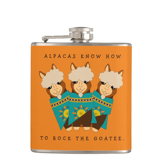 Cute Alpacas Rocking Goatees & Teal Serapes Hip Flask (Front)