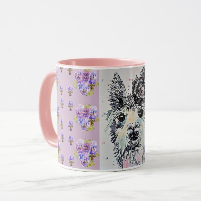 Cute Alpacca Llama lilac Watercolor Painting Mug (Front Left)