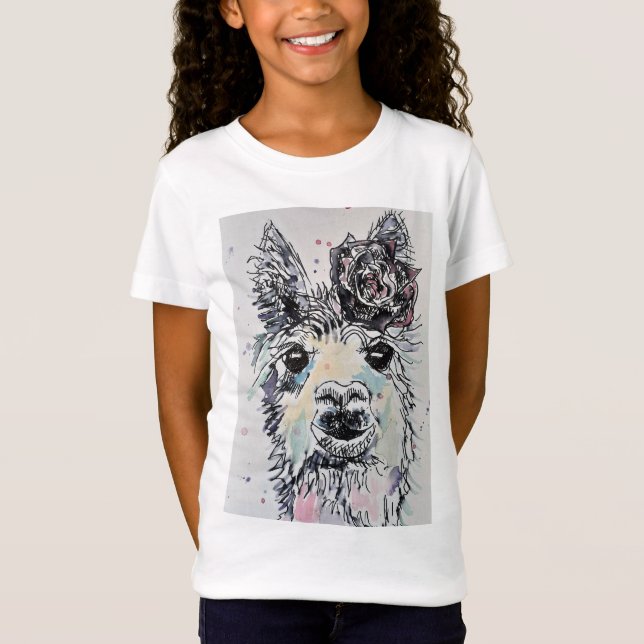 Cute Alpacca Llama watercolour art Girls T Shirt (Front)