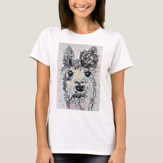 Cute Alpacca Llama Watercolour painting T Shirt (Front)