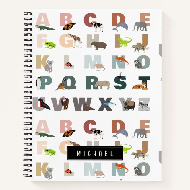Cute Alphabet ABC Animals Custom Name School Notebook (Front)