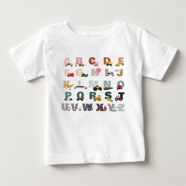 Cute Alphabet ABC Trucks, Transportation Vehicles Baby T-Shirt (Front)