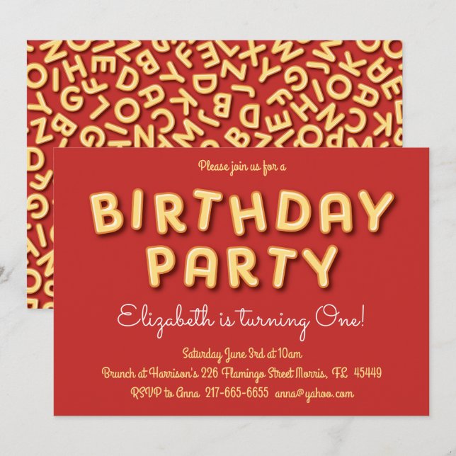 Cute Alphabet Soup Kids 1st Birthday Party Invitation (Front/Back)