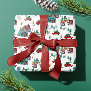 Cute Alpine ski lodge cosy chalet red car & tree W Wrapping Paper