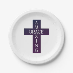 cute AMAZING GRACE typography and cross Paper Plate