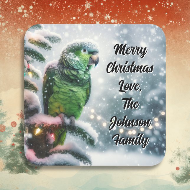 Cute Amazon Parrot on a Winter Branch Christmas Square Sticker (Creator Uploaded)
