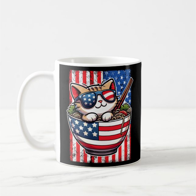 Cute America Cat Eating Ramen Coffee Mug (Left)