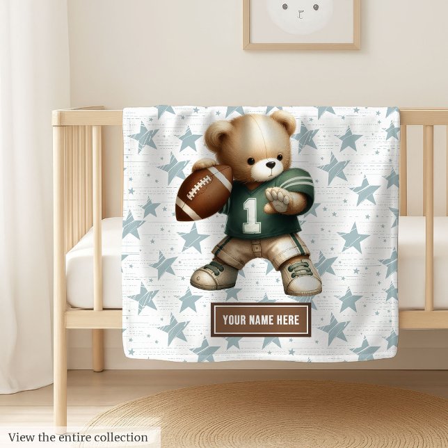 Cute American Football Teddy Bear Personalised Gif Fleece Blanket (Cute American football teddy bear blanket – perfect boy birthday gift.)