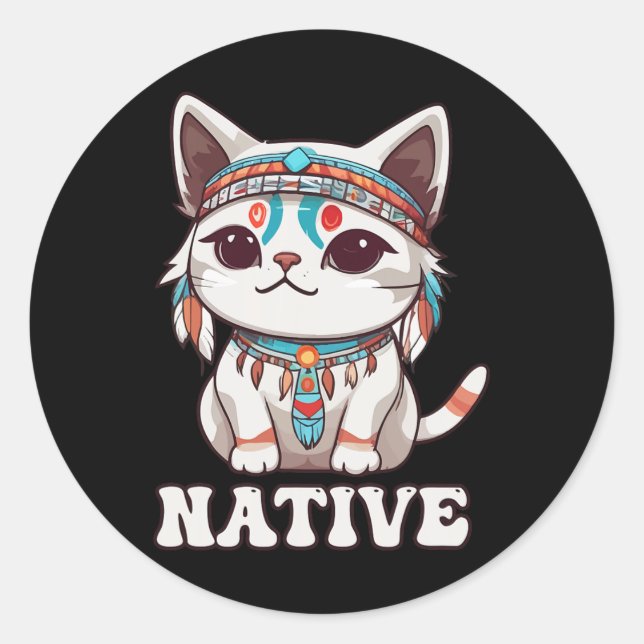 Cute American Native Indian Kawaii Cat Woman Girl  Classic Round Sticker (Front)