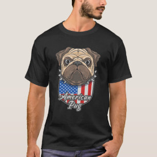 Cute American Pug with USA Flag Shield Background  T-Shirt