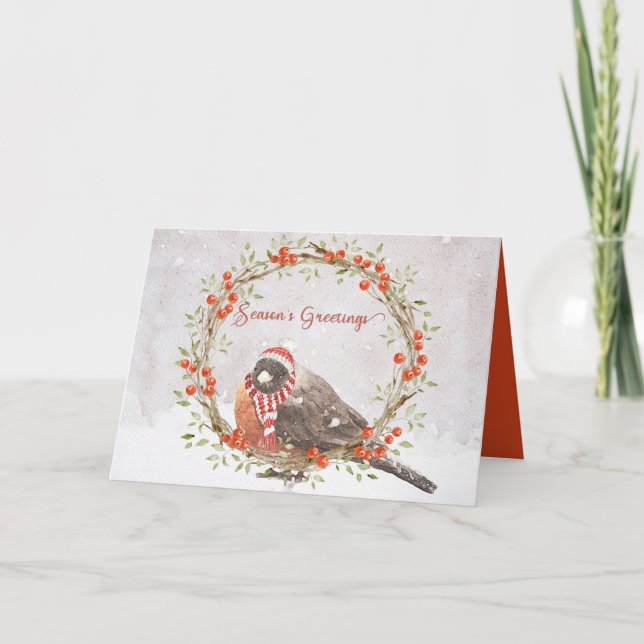 Cute American Robin Watercolor Christmas Bird Holiday Card (Front)