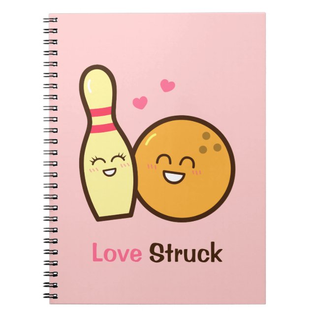 Cute Amusing Bowling Ball and Pin Love Struck Spiral Notebook (Front)