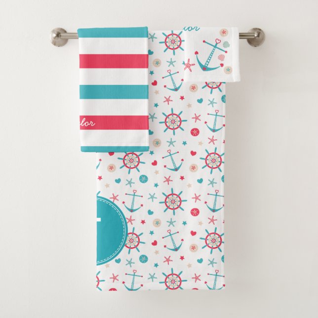 Cute Anchors & Rudders Monogrammed Bath Towel Set (Insitu)
