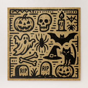 Cute ancient hieroglyph pumpkin and bat Halloween Jigsaw Puzzle