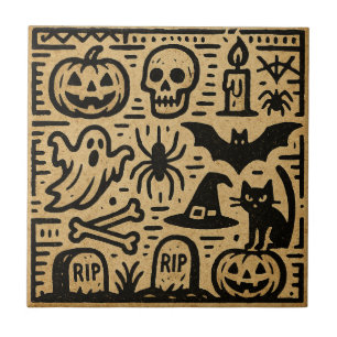 Cute ancient hieroglyph pumpkin and bat Halloween Tile