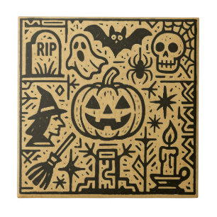 Cute ancient hieroglyph pumpkin, witch Halloween Tile