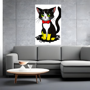 Cute and adorable black white cat AI Art Poster