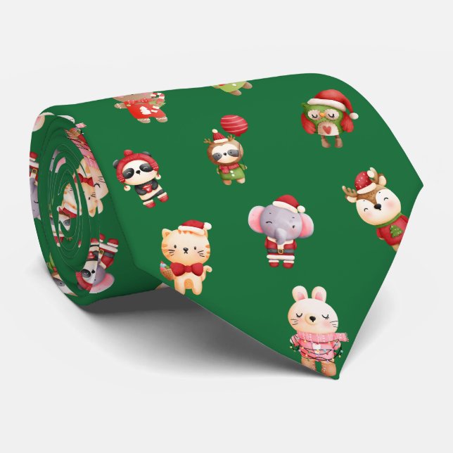 Cute and Adorable Christmas Baby Animals Green  Tie (Rolled)