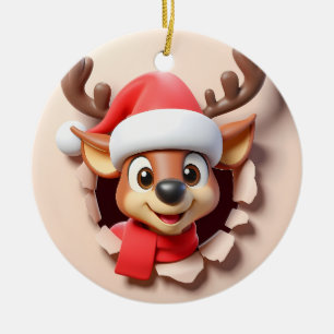 Cute and Adorable Christmas Reindeer Bursting Out Ceramic Tree Decoration