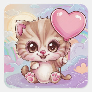 Cute and Adorable Pink Baby Birthday Kitten Square Sticker