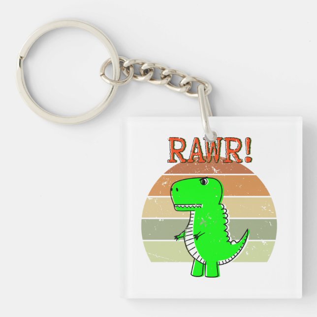 Cute And Angry Cartoon T-Rex Dinosaur Sunset Key Ring (Front)