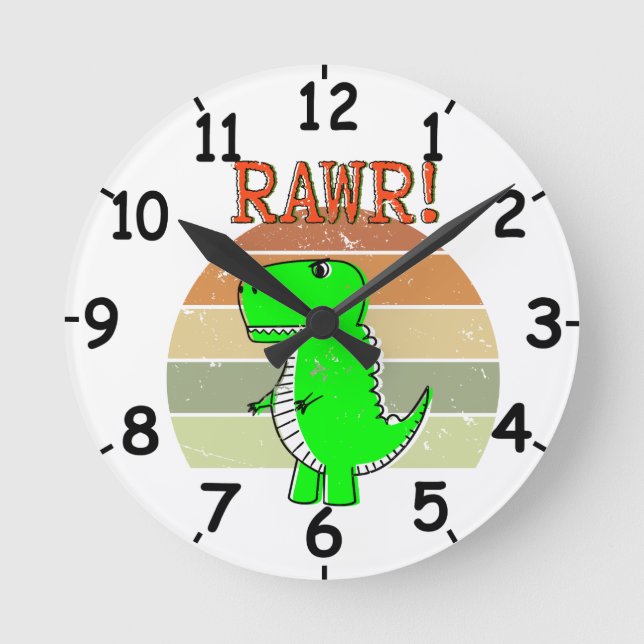 Cute And Angry Cartoon T-Rex Dinosaur Sunset Round Clock (Front)
