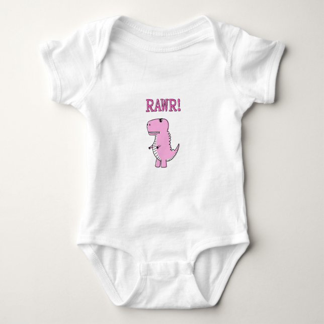 Cute And Angry Pink Cartoon T-Rex Dinosaur Baby Bodysuit (Front)