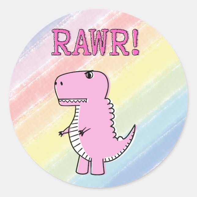 Cute And Angry Pink Cartoon T-Rex Dinosaur Classic Round Sticker (Front)