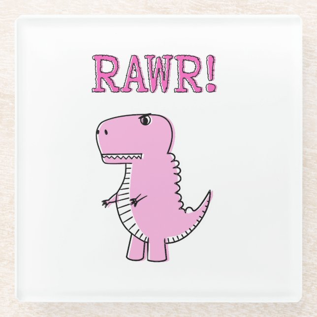 Cute And Angry Pink Cartoon T-Rex Dinosaur Glass Coaster (Front)
