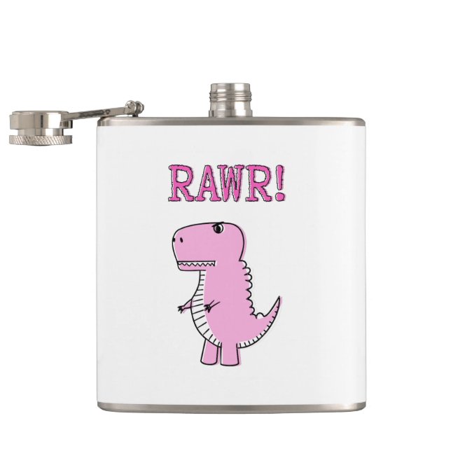 Cute And Angry Pink Cartoon T-Rex Dinosaur Hip Flask (Opened)