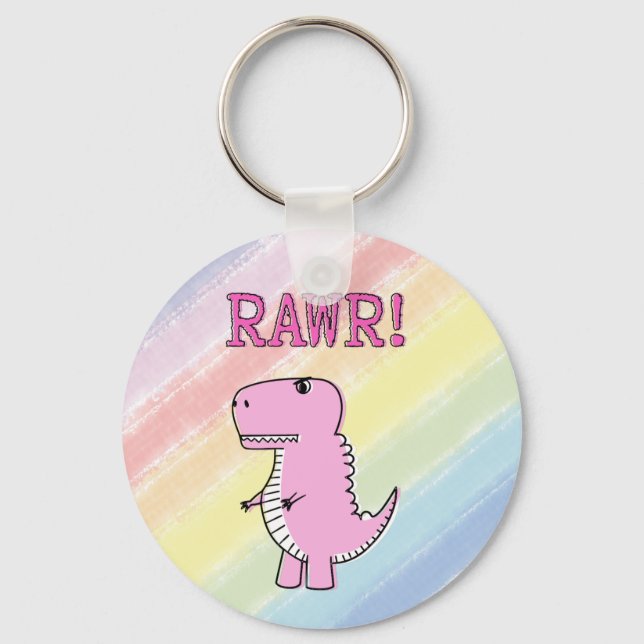 Cute And Angry Pink Cartoon T-Rex Dinosaur Key Ring (Front)