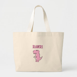 Cute And Angry Pink Cartoon T-Rex Dinosaur Large Tote Bag