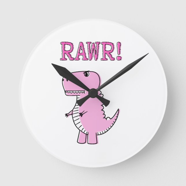 Cute And Angry Pink Cartoon T-Rex Dinosaur Round Clock (Front)