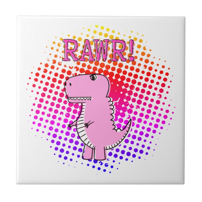 Cute And Angry Pink Cartoon T-Rex Dinosaur Tile (Front)