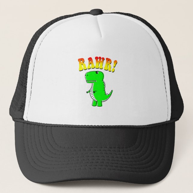 Cute and Angry T-Rex RAWR Groovy Text Trucker Hat (Front)