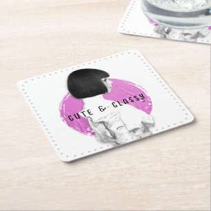 Cute and Classy Girl Pink and Black Square Paper Coaster