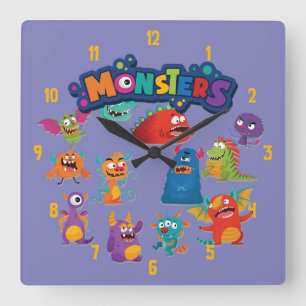 Cute and Colorful Fun Monsters Playing Scene Square Wall Clock